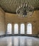 Interior of Agha El-Selehdar SabilÂ with iron ornate windows, white marble floor, and huge chandelier, Cairo, Egypt